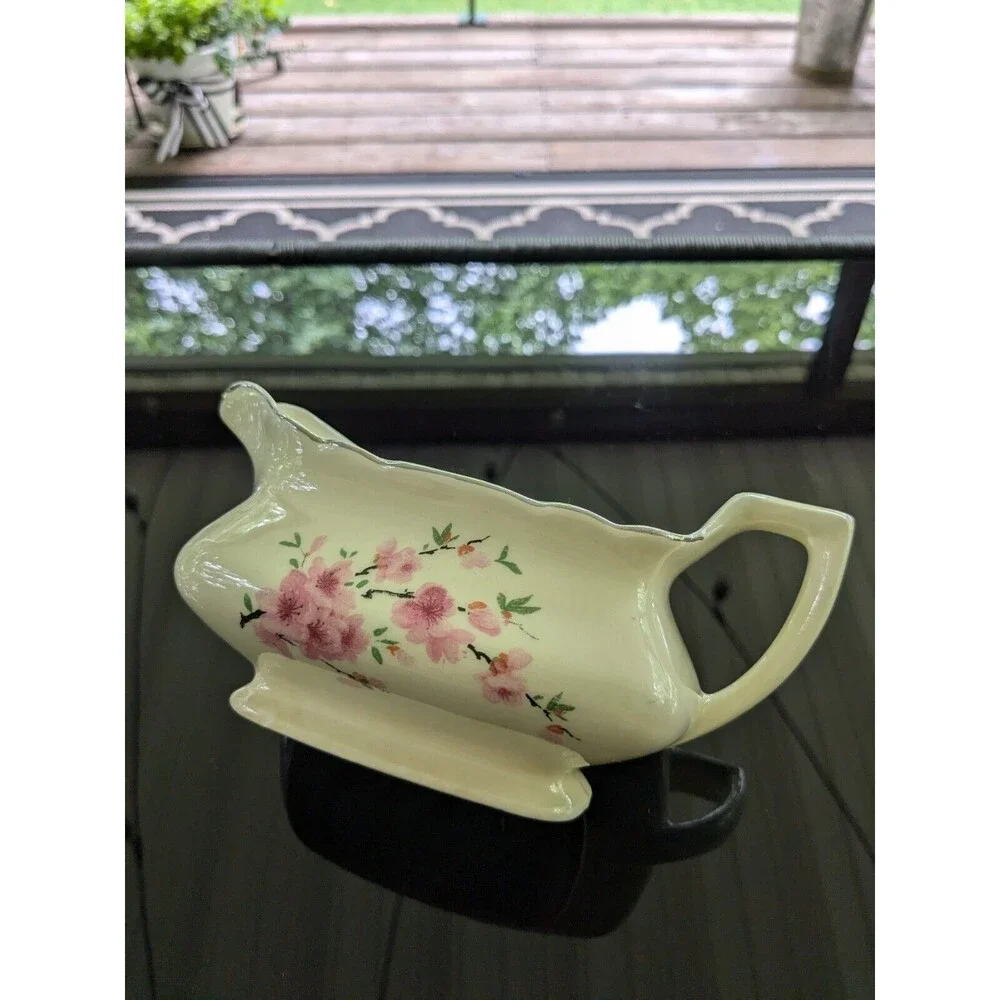 Vintage Canarytone Gravy Boat Cherry Blossoms Unmarked Silver Trim Porcelain